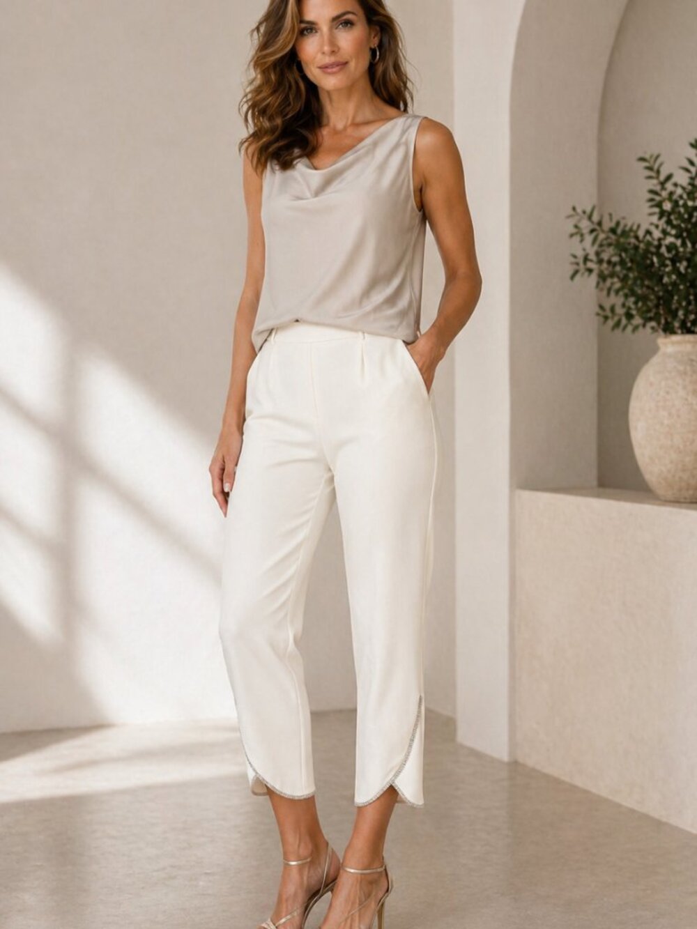 261405 Ivory Capri Pant with Scalloped Rhinestone Hem by FRANK LYMAN
